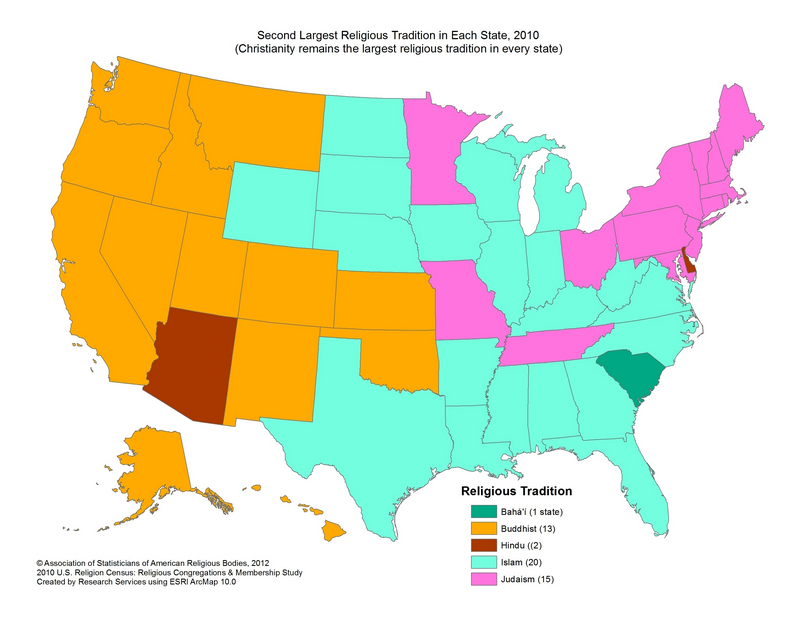 a map showing the second largest religious tradition in each state, 2010