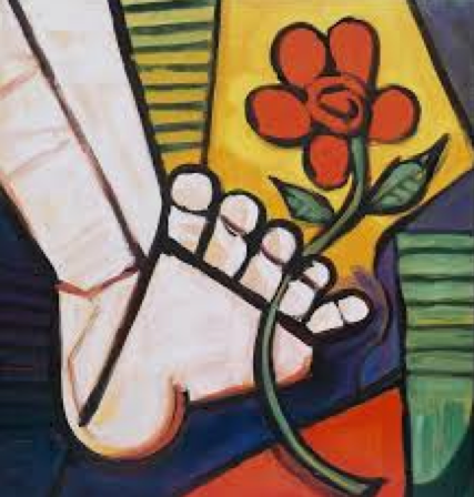 A painting of a foot and a red flower