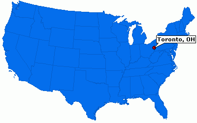 A map of the united states focused on Toronto, Ohio
