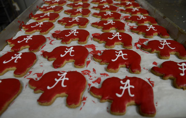 Elephant cookies painted Crimson with Alabama symbol