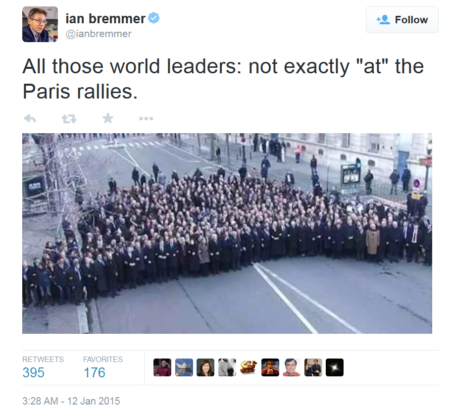 Ian Bremmer's tweet about world leaders not being at the Paris rallies