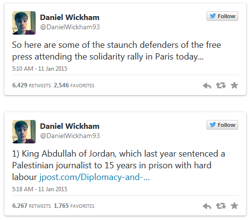 Daniel Wickham's tweets about Paris rallies and King Abdullah of Jordan
