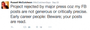 Russell McCutcheon's tweet about his project being rejected
