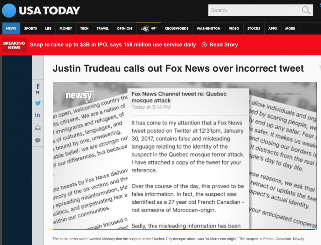 An image of a news headline on USA Today regarding Justin Trudeau