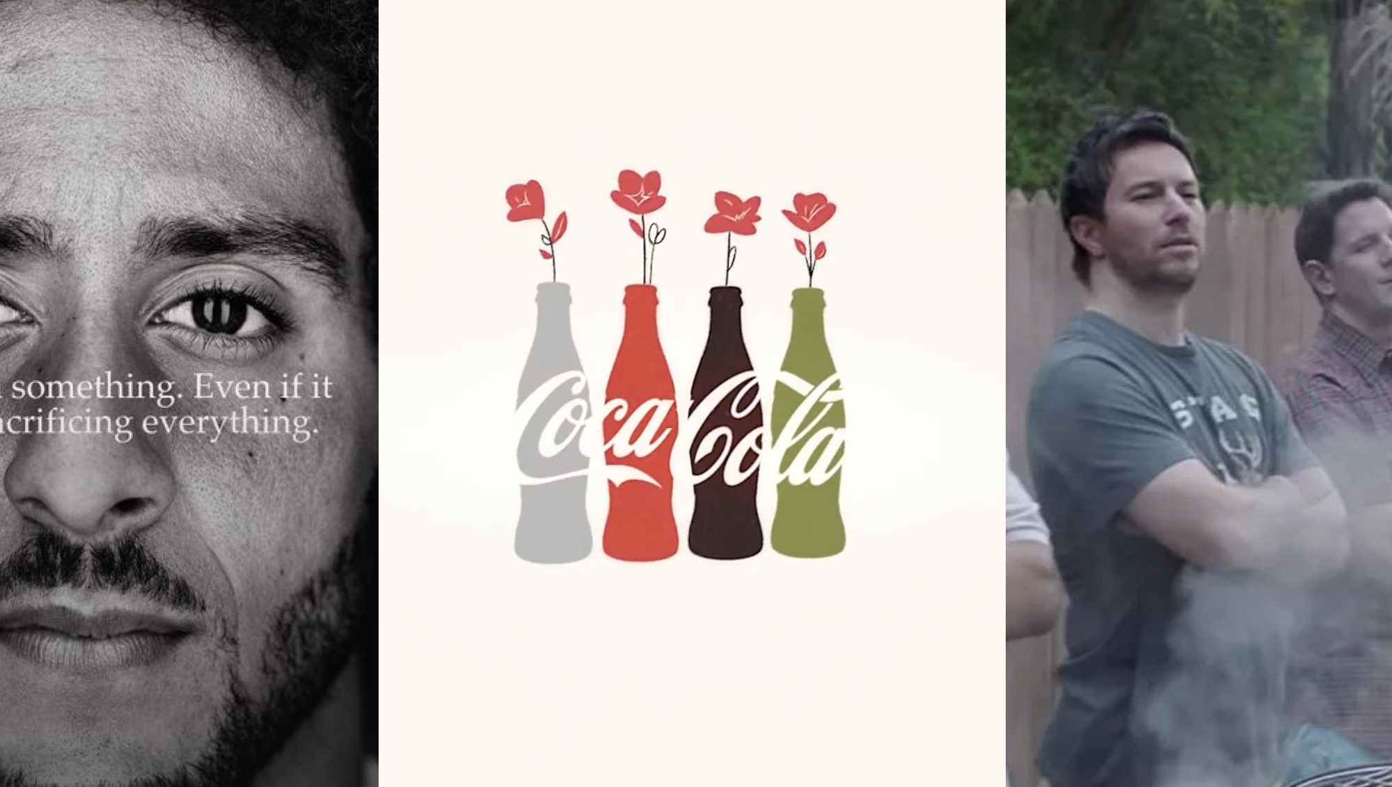 A side by side by side image of Colin Kaepernick, a Coca Cola ad, and three men barbecuing